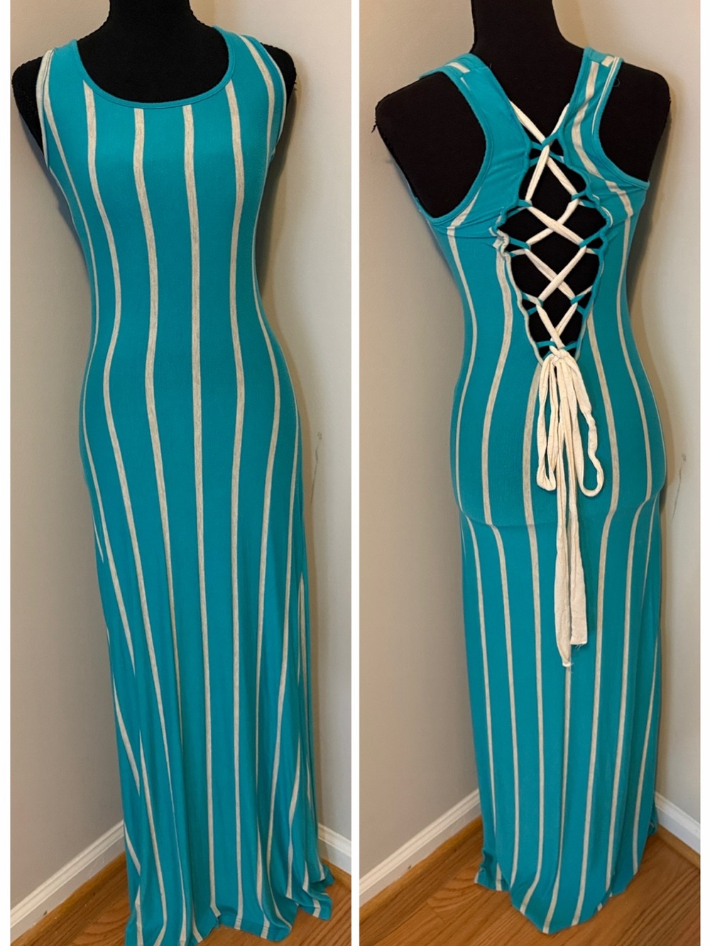 Lolita Teal and White Vertical-Stripe Maxi Dress